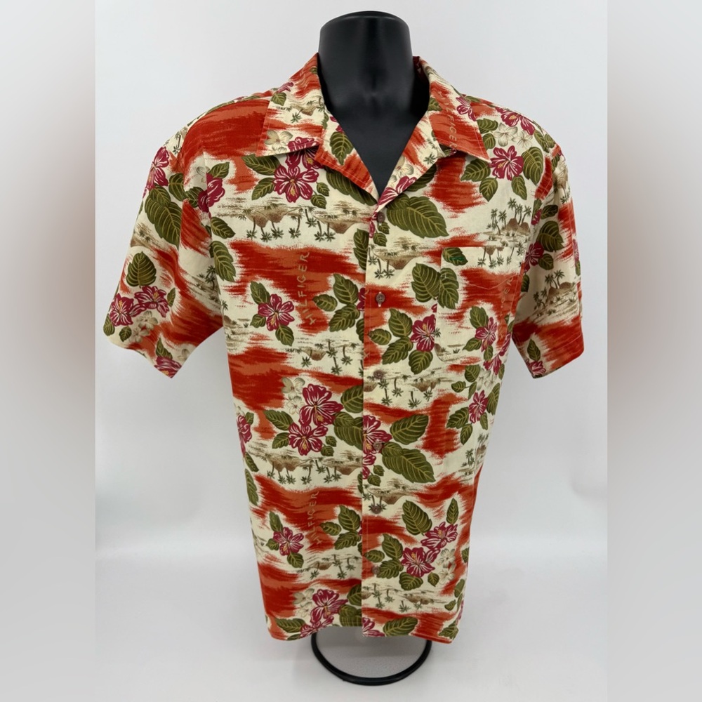 Tommy Hilfiger Red Floral Palm Tree Island Cotton Hawaiian Shirt Men’s XL NWOT